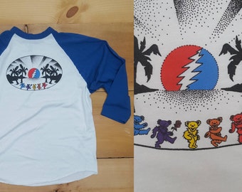 Vintage Grateful Dead Tee //  Vtg y2k Dancing Bears Stealie Horizon Blue + White  Raglan Rock T-Shirt