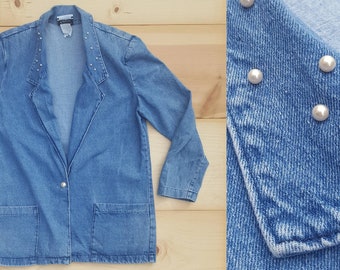 Vintage  Denim Blazer  //  Vtg 80s Made in the USA Slouchy and Soft Distressed Denim Jacket with Pearl Accents