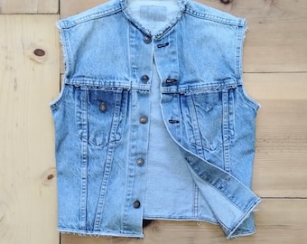 Vintage Levi's Denim Vest  //  Vtg Distressed Modified Cut Off Trucker Jacket Made in the USA // s