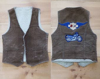 Vintage Distressed Corduroy Vest w/ BSA Motorcycle Patches + Fleece Lining  // s