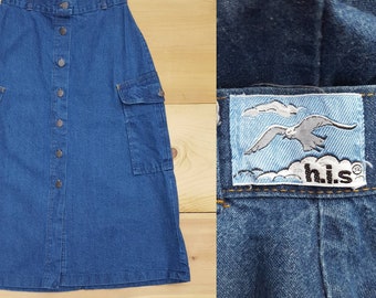 Vintage Denim Skirt  // Vtg 1970s 1980s H.I.S.  High Waist  Button Front Skirt w/ Cargo Pockets  // 25.5" waist