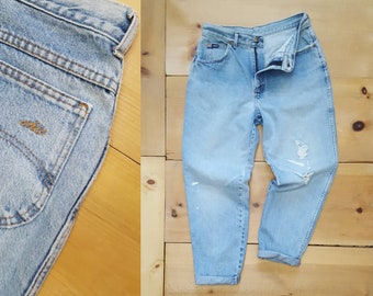 Vintage Distressed Thrashed Faded Denim High Waist Tapered Leg Jeans w/ Hole at the Knee Made in the USA by Chic   //  30" waist