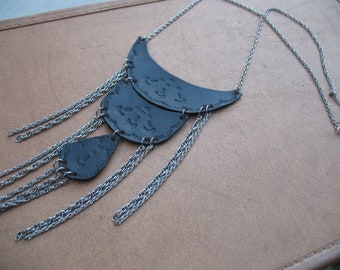 Handmade Necklace // Tooled Leather Tiered Necklace with Chain Fringe  //  Stardust  //  by HEXEREI