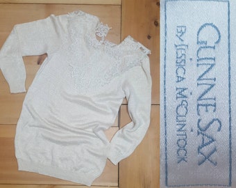 Vintage Gunne Sax Sweater // Jessica McClintock  Knit Tunic with Large Lace  Collar