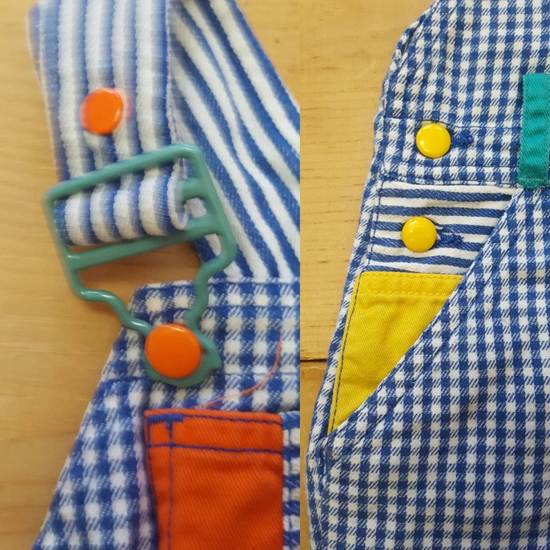 Vintage Gymboree Overalls Vtg Distressed Blue White Check Color Block Baby Bibs infant child size