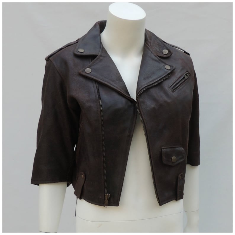 Vintage Leather Jacket Vtg 90s Dkny Donna Karan 1993 Cropped Distressed Brown Shrunken Fit Motorcycle