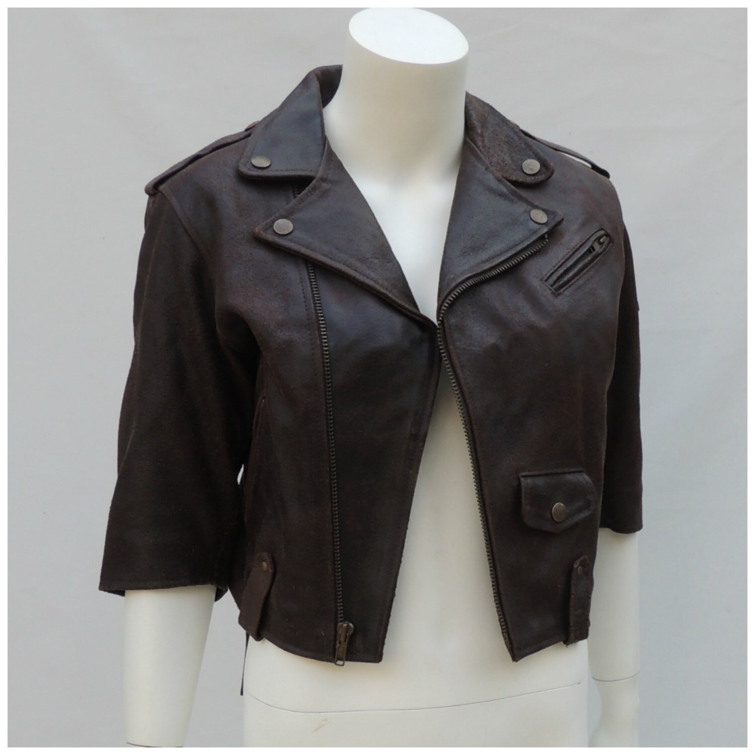 Vintage Leather Jacket Vtg 90s Dkny Donna Karan 1993 Cropped Distressed Brown Shrunken Fit Motorcycle
