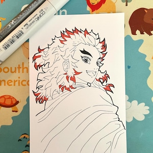 4"X6", fatto a mano, disegno a mano, Anime Fanart, Carta, Disegno originale, , Natale, Compleanno, Regalo, Demon Slayer, Rengoku Kyoujurou