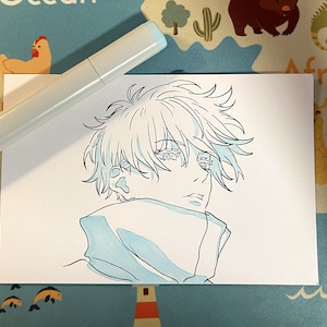 4"X6", fare a mano, disegno a mano, Anime Fanart, carta, disegno originale, Jujutsu Kaisen, Natale, compleanno, regalo,Gojo