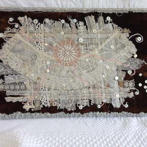 Fiber Art Vintage Lace Buttons Collage Hanging Hand Sewn Piece A-2