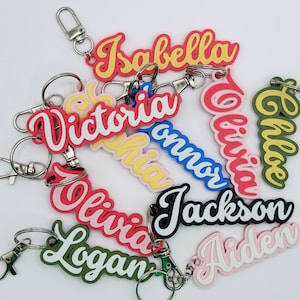May include: A collection of colorful personalized keychains with names like Isabella, Victoria, Olivia, Connor, Chloe, Aiden, Jackson, and Logan. Each keychain features a white name on a colored background.