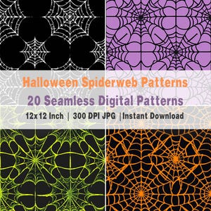 Può includere: Un set di 20 motivi digitali di ragnatela senza cuciture in vari colori, tra cui nero, bianco, verde, arancione e viola. I motivi misurano 30,5 cm per 30,5 cm e 300 DPI.  Halloween Spiderweb Patterns 20 Seamless Digital Patterns 12x 12 Inch 300 DPI JPG | Instant Download