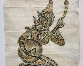 Vintage 1960s Thai Tempe Rubbing, female musician with string instrument, Thai epic Ramakien.
