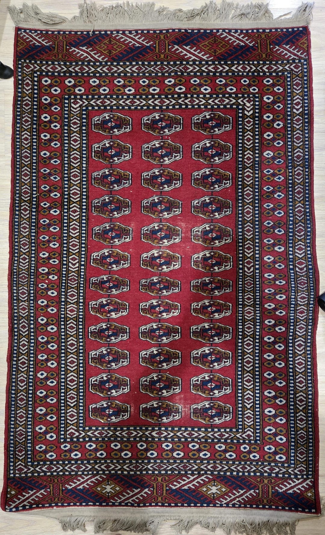 Vintage Bokhara Rug, 1967 Bangladesh, Burgundy, White, Newer Fringe ...
