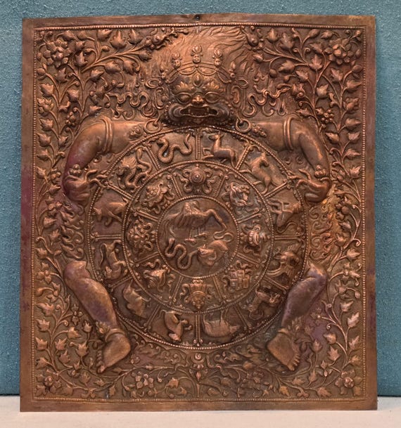 Vintage Copper Tibetan Thangka Wheel of Life, Nepal Art