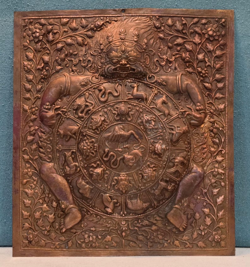 Vintage Copper Tibetan Thangka Wheel of Life, Nepal Art image 1
