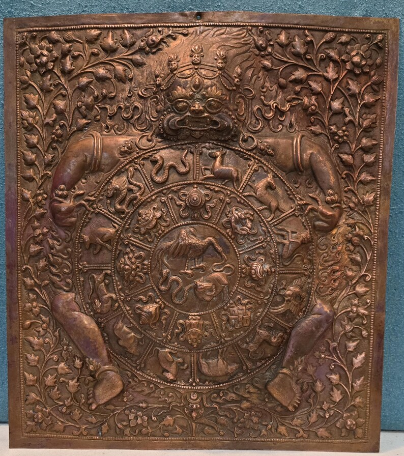 Vintage Copper Tibetan Thangka Wheel of Life, Nepal Art image 11