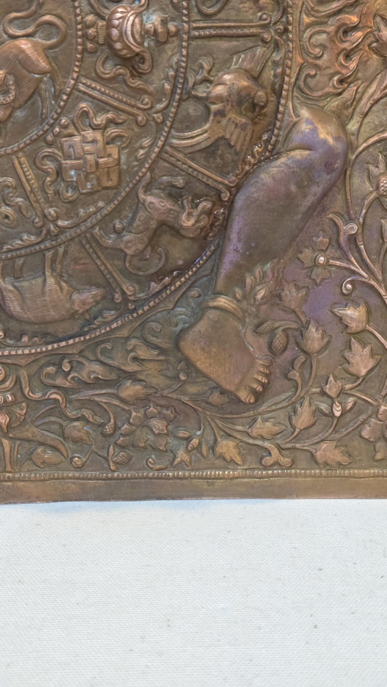 Vintage Copper Tibetan Thangka Wheel of Life, Nepal Art image 7