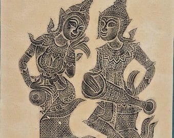Vintage, rare, Thai temple rubbing, black wax, rice paper, 2 musicians, drum and gong