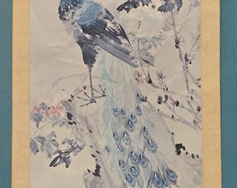 Vintage Reproduction of hanging scroll, "Peacock Ink and Color on Paper" artist Zhang Shuqi