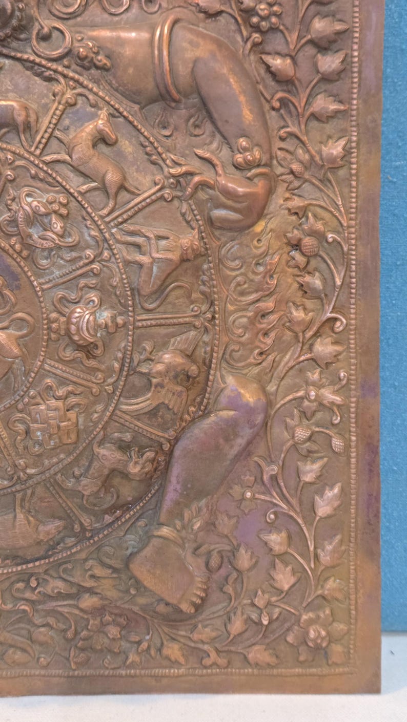 Vintage Copper Tibetan Thangka Wheel of Life, Nepal Art image 6