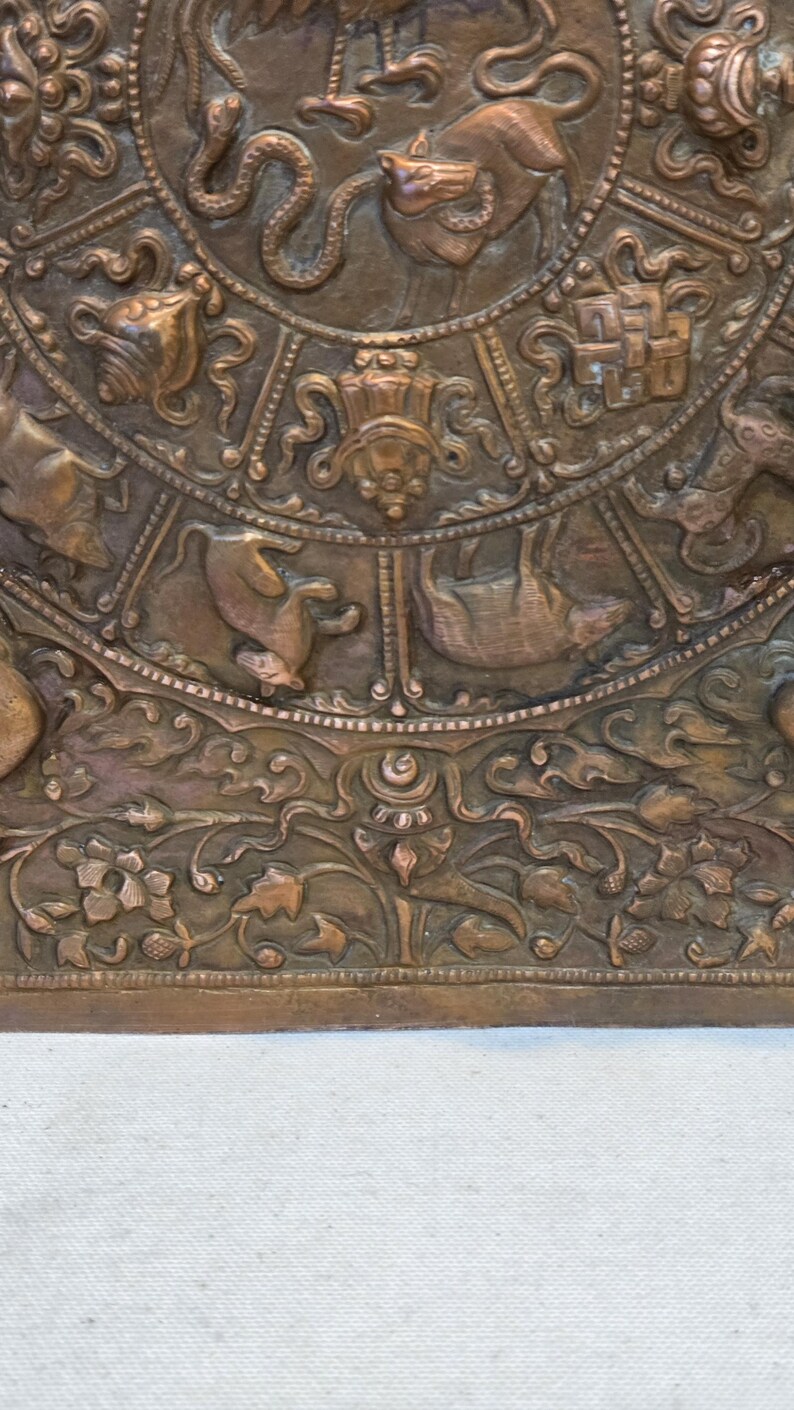 Vintage Copper Tibetan Thangka Wheel of Life, Nepal Art image 8