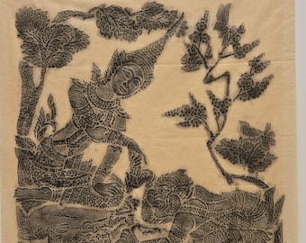 RARE, Vintage 1960s Thai Temple Rubbing, Hanuman, Nang Seeda, Rice paper, black wax, unframed.