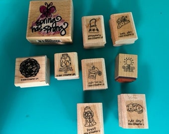 8 NEW and used various cute saying Spring has Sprung wooden Rubber Stamps bulk lot set scrapbook cardmaking