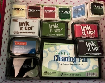 14 NEW and gently used  stamping ink pads various colors PLUS Stamp cleaning pad bulk lot set scrapbook cardmaking