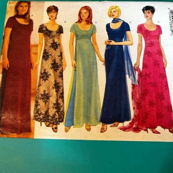 UNCUT Butterick 5368 Misses semi fitted long dress gown short sleeves empire waist scoop neck back zipper size 6 8 10 Sewing Pattern