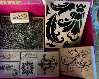 9 NEW and gently used large and small Stampin' Up Flourish , Fleur de lis and Paisley wooden Rubber Stamps bulk lot set scrapbook cardmaking