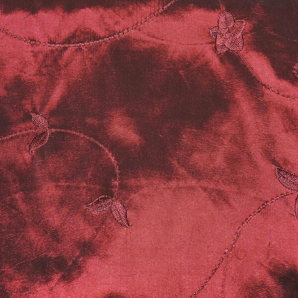 1 Yards x 56 inch remnant Beautiful Burgundy Merlot embroidered swirls vines faux silk taffeta craft apparel sewing fabric