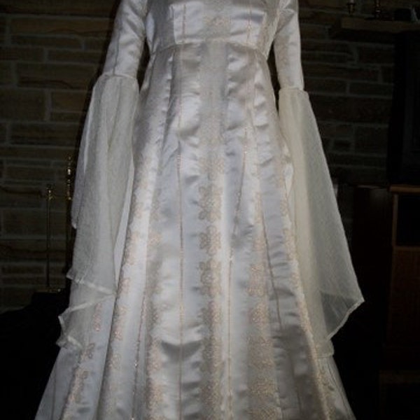 Custom made Renaissance Medieval maiden wench wedding gown dress with flowing sleeves and overlay