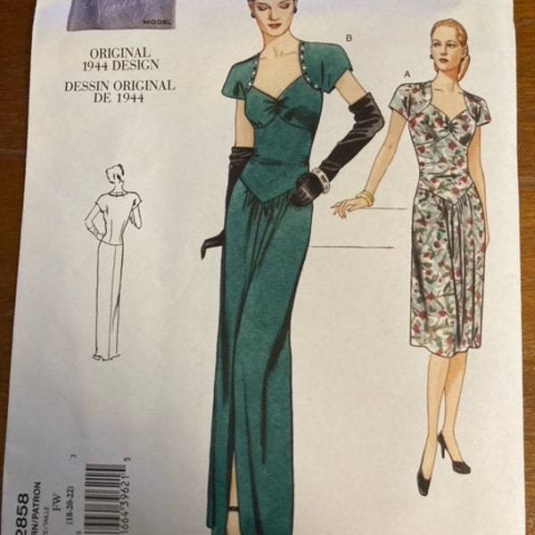 UNCUT Rare Vogue 2858 Designer Original 1944 design A line drop waist evening gown dress formal size 12 14 16 Sewing Pattern