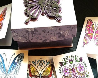 3D handmade Butterfly Keepsake Box set with 12 small Blank Butterfly Note Cards! Box can be personalized!