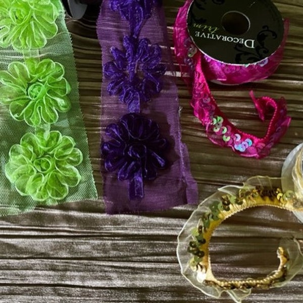 BULK Lot 4 Rolls of Bright Pink Green Gold and Purple 3D floral and sequin ribbon trim Bridal sewing crafting costuming bows wreaths