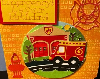 Adorable handmade layered Emergency Fire engine truck Happy Birthday Card with envelope