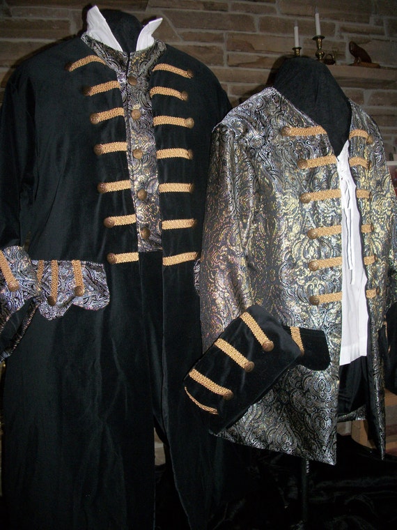 Custom Made His and Her pirate costumes includes 2 frock coats shirts and breeches vest for him and corset for her