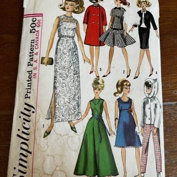 Vintage used Simplicity 6208 Barbie doll dress formal gown 1960 and 1970 era clothes wardrobe Sewing Pattern