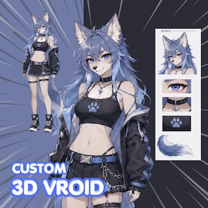 Op de afbeelding: Digitale illustratie van een blauwharig anime-achtig personage met wolfachtige kenmerken. Het personage draagt een zwarte crop top met een pootafdruk, een geplooide rok en een jas. De tekst "CUSTOM 3D VROID" is afgebeeld.