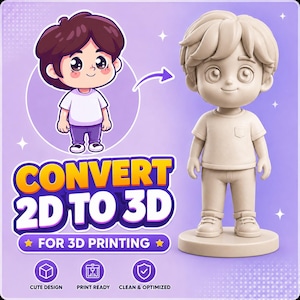 Peut inclure: Une illustration 2D d'un garçon aux cheveux bruns portant un t-shirt blanc et un pantalon violet, à côté d'une figurine 3D monochrome beige. Le texte indique CONVERT 2D TO 3D FOR 3D PRINTING, CUTE DESIGN, PRINT READY, CLEAN & OPTIMIZED.