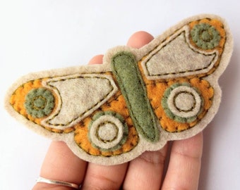 Gold, Green, and Heather Oatmeal Colored Moth Hand Stitched Felt Patch