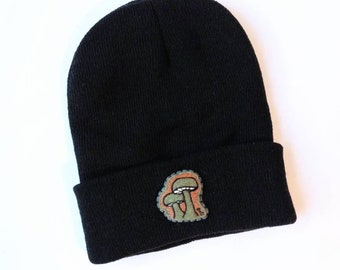 Beanie with Hand Stitched Mushrooms Patch