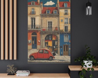 Vintage Parisian Street Canvas Art: Red Car French Decor
