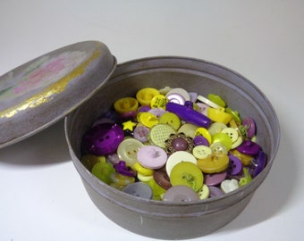 Hand Painted Tin with Purple and Yellow Mostly Vintage Buttons