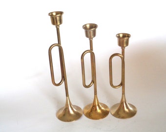 Vintage Brass Horn Candlestick Holder Set of 3