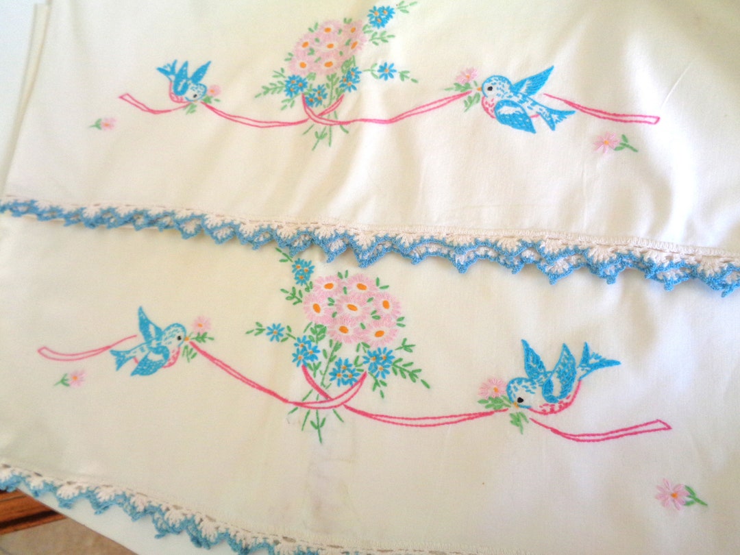 Vintage hand embroidered pillowcases with crochet trim etsy