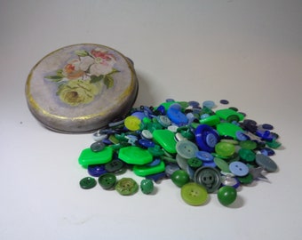 Hand Painted Tin with Blue and Green Mostly Vintage Buttons