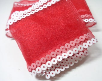 Sheer Red Wired Ribbon Trimmed in White