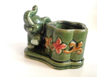 Vintage Green Elephant MCM Planter Lucky Trunk Up